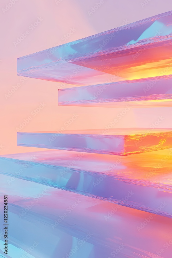 Poster abstract futuristic landscape composed of layered holographic structures with shifting colors and gl