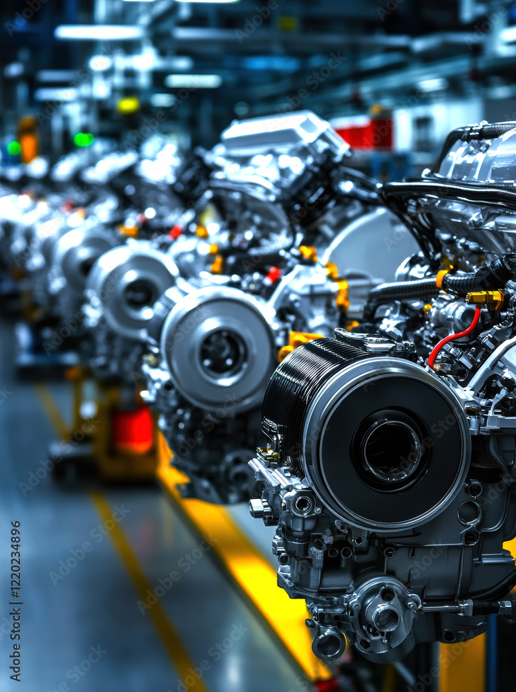 Poster this image captures a high-tech assembly line filled with meticulously crafted automotive engines, s