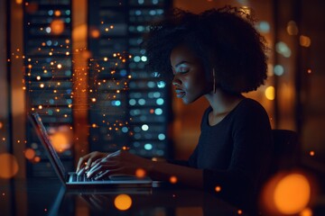 Woman works late at night on laptop in server room.