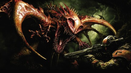 Intense Battle Scene with Monster and Soldier in Dark Fantasy Environment