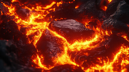 fiery close-up of molten lava flowing over volcanic rocks in a detailed texture-rich eruption aftermath scenery