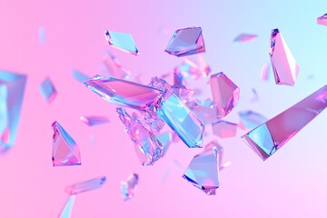 3d-rendered explosion of floating geometric shards dynamic motion frozen in time reflecting cool neon hues conveying