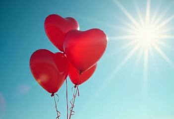 Fototapeta premium Three Red Heart-Shaped Balloons Soaring High Under a Bright Sunny Sky