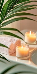 Relaxing bath scene with candles and plants home spa evening light self-care environment angled view