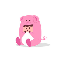 Adorable Pig Character with Human Traits Sitting Down