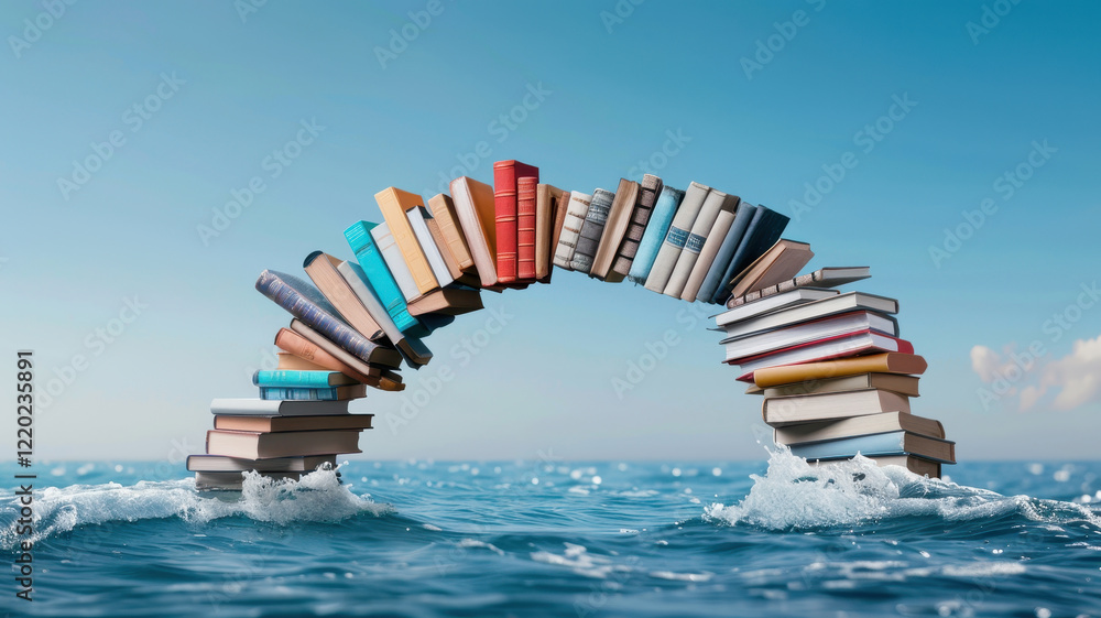 Aufkleber bridge made of books arches over vast ocean, symbolizing connection of knowledge and ideas across di