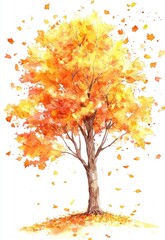 Watercolor Painting of an Autumn Tree with Falling Leaves