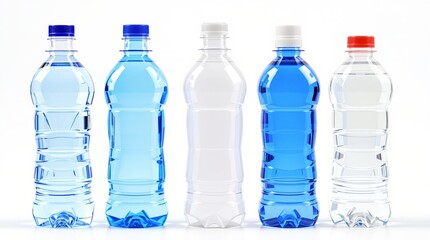 Naklejka premium Five plastic water bottles with varied caps and colors, arranged in a row, set against a white background. Concept of hydration and packaging. Ai generative