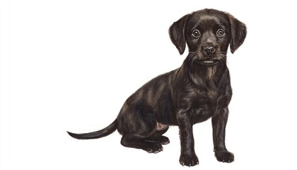 A cute black puppy sitting upright, looking curiously at the viewer against a plain background