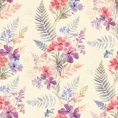 Fototapeta premium Elegant wildflowers and fern leaves in a seamless watercolor pattern on a soft cream background