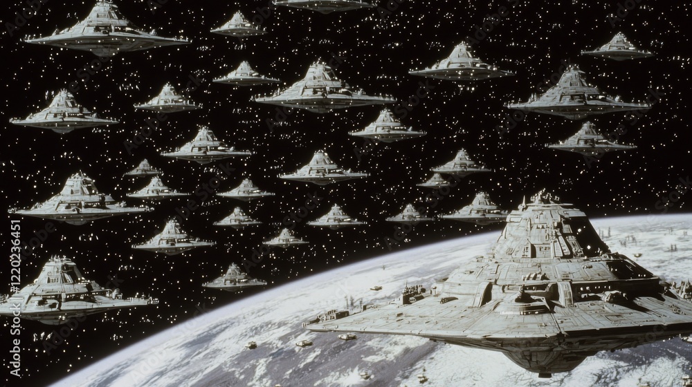 Poster futuristic spaceships over alien planet surrounded by stars with large structure below in deep space