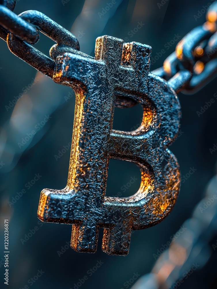 Poster exploring bitcoin symbolism cryptocurrency market digital art tech environment close-up view blockch