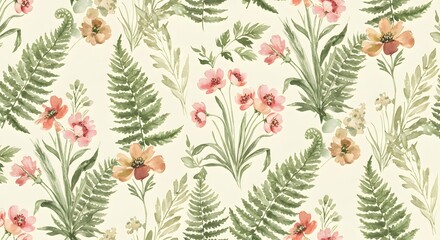 Elegant wildflowers and fern leaves in a seamless watercolor pattern on a soft cream background