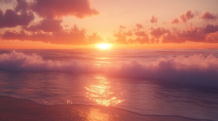 Obraz premium Beautiful Sunset Over the Ocean with Waves and Dramatic Sky with Cloud