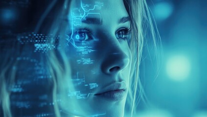Woman's face overlaid with futuristic digital data.