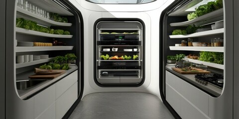 Fototapeta premium A modern, sleek interior of a high-tech refrigerator, featuring organized shelves filled with fresh produce and food items.