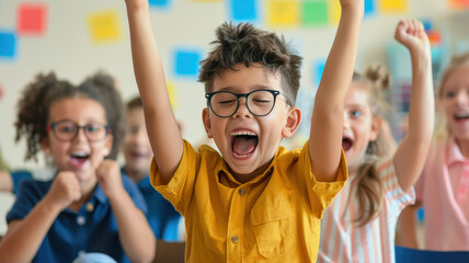 group of excited children in classroom cheering for classmate, showing joy and enthusiasm. diverse group of kids is celebrating success together, creating lively atmosphere