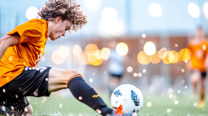 A young soccer player in an orange jersey skillfully controls the ball during a dynamic match. The image captures the intensity of the game and the player's focused determination.