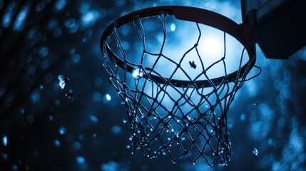 Night basketball hoop, rain, bokeh background, sports