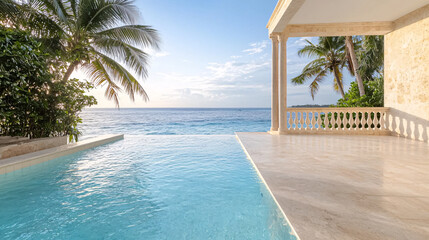 Fototapeta premium Relaxing poolside view overlooking the ocean tropical villa serene environment sunset mood