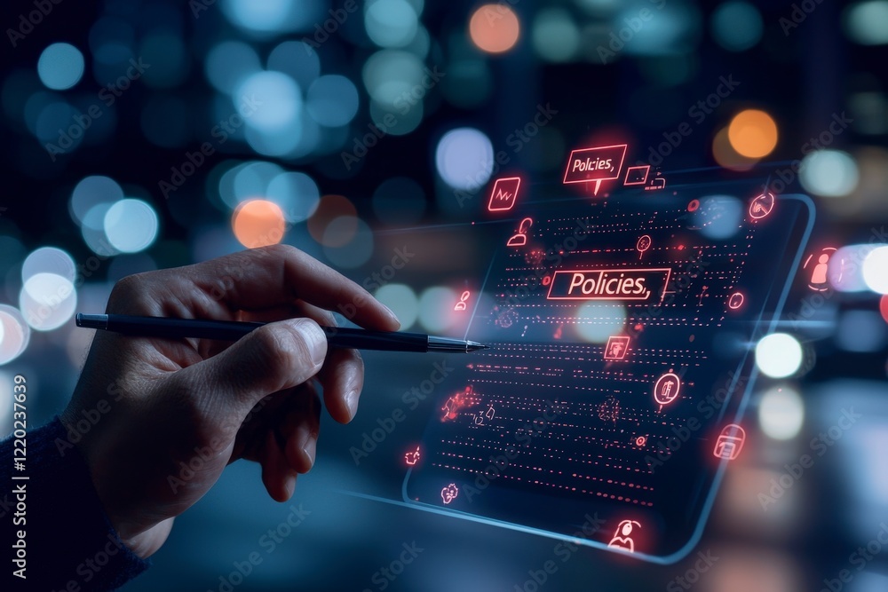 Poster digital tablet with policies interface on futuristic background in urban setting at night