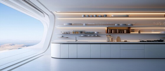 Obraz premium A modern kitchen showcasing sleek lines, minimalist design, and ample natural light through large windows, creating an airy and open atmosphere.