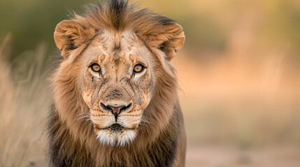 Obraz premium Majestic lion roaming in african savanna wildlife natural habitat close-up view