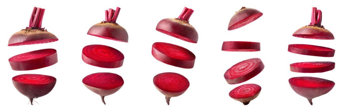 Falling slice of beetroot isolated, PNG set