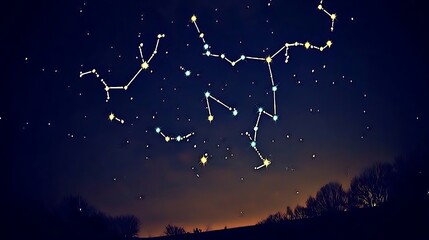 The vast, dark sky filled with stars on a clear night, with constellations forming intricate patterns above a peaceful, open field