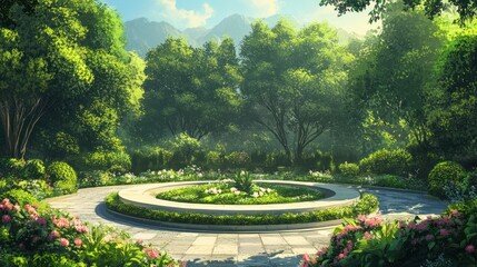 Serene circular garden with lush greenery, flowers, and mountains in background.