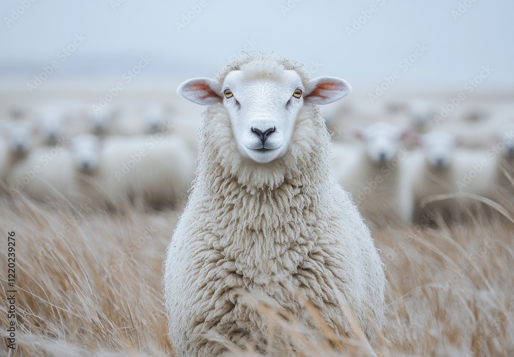 Poster a close-up of a woolly sheep standing proudly in a grassy field with a flock of sheep in the backgro