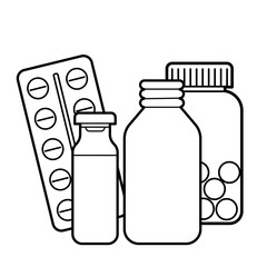 Medicinal products. Glass medicine bottles with pills and vitamins, pills blister. Outline illustration, isolated on white background