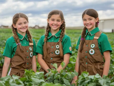 A troop of Girl Scouts working together on a community service project, such as planting trees, National Girl Scout Day, showcasing teamwork and environmental stewardship,