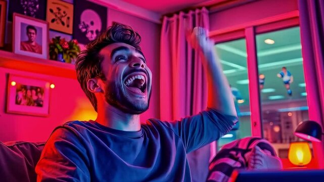 A cheerful and cute man watches a sports competition and loudly and wildly rejoices at the victory of the team