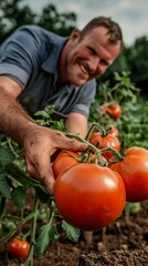 Farmer Harvesting Ripe Red Tomatoes on Organic Farm