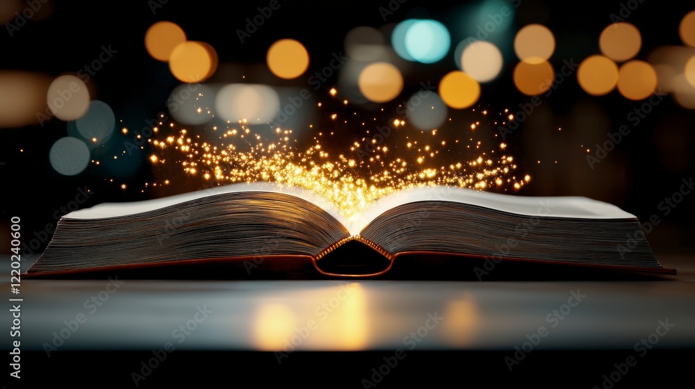 Poster magical open book with glowing sparkles against a blurred background of soft colorful lights