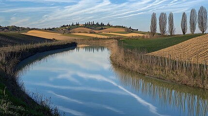 The sky adorned with soft blue tones and thin, wispy cirrus clouds, casting a light, ethereal glow over a tranquil meadow and distant hills