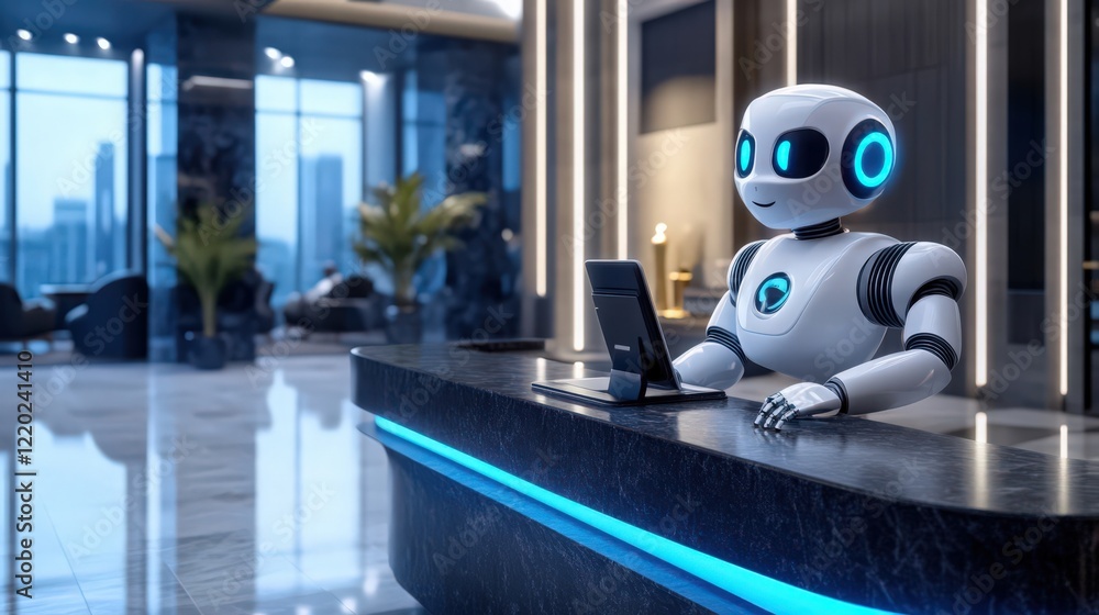 Poster futuristic reception area with robot assistant at desk in modern lobby office environment