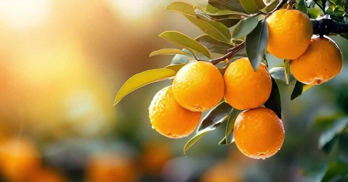 Orange trees with fruits, orange plantation. fresh oranges on the tree, Tangerine tree garden.