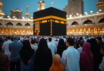 Obraz premium Pilgrims at the Kaaba in Mecca, Saudi Arabia during twilight