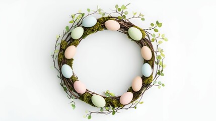 Easter decorations wreath wooden concept. Easter wreath adorned with pastel eggs and greenery on a...