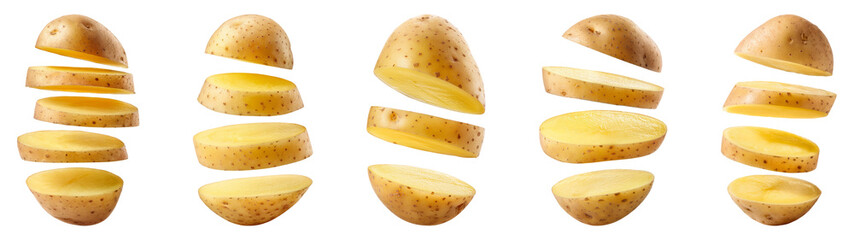 Falling potato slices isolated, PNG set