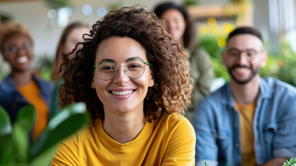 Fototapeta premium diverse group of people smiling and working together in community setting, surrounded by greenery and natural light