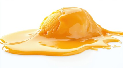 A scoop of ice cream with a yellow sauce on top