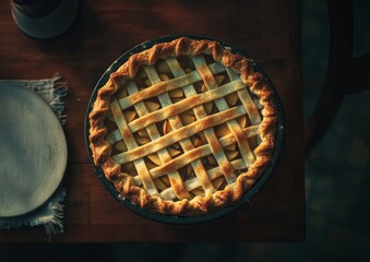 apple pie with lattice-work crust on dark wooden table 