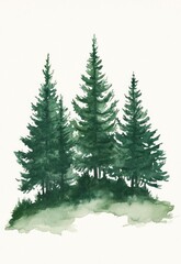 Fototapeta premium Watercolor Painting of Three Evergreen Trees on a Hill