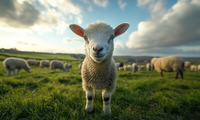 Obraz premium Adorable Young Lamb Standing in Green Pasture with Herd in Background Against Beautiful Sky and Clouds, Perfect for Farm and Nature Themes