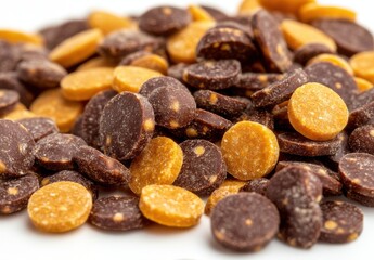 Obraz premium Assorted Chocolate and Butterscotch Candy Discs Spread Across a White Background Perfect for Dessert and Baking Recipes in a Delicious Treat Arrangement