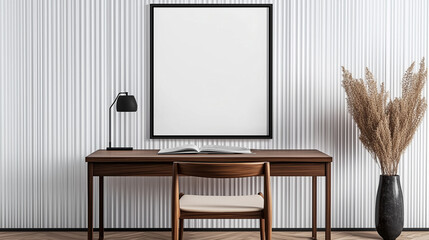 Modern minimalist office workspace with a sleek wooden desk, open book, black lamp, and beige cushioned chair. Clean contemporary interior design featuring striped wallpaper, herringbone floor, and de