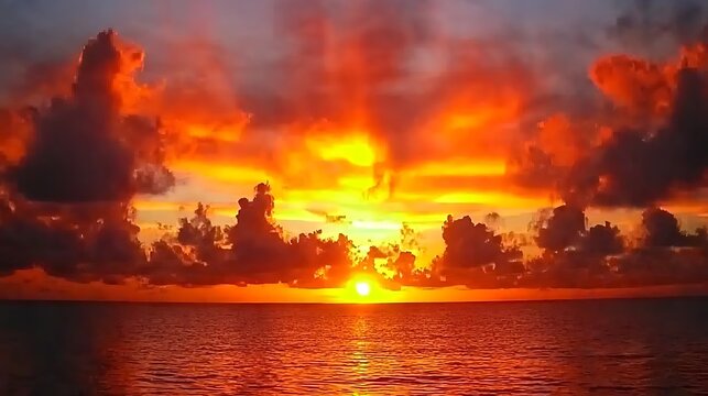 A dramatic sunset sky painted in shades of fiery orange and pink, mirrored in the tranquil ocean below
